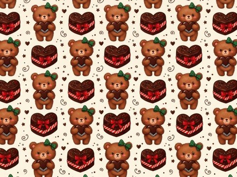 Seamless pattern with grumpy teddy bears holding heart shaped chocolate boxes