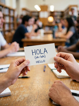 Hands holding language study card with greeting text in library