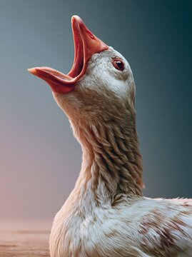 Close-up of a goose with its beak open, vocalizing loudly against a soft gradient background