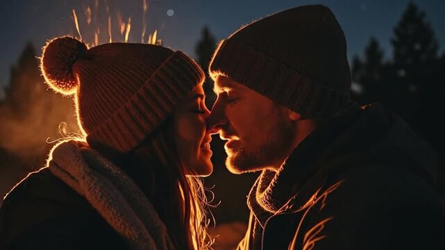 Romantic young couple sharing a cozy moment by a campfire at night outdoors in winter wearing beanies
