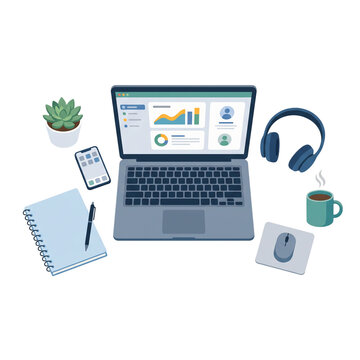 Flat vector illustration of a modern office workspace with laptop and accessories.