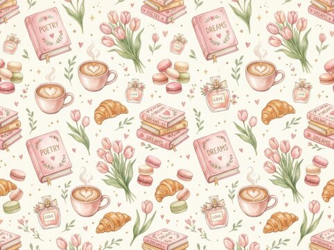 Seamless pattern with romantic elements like books, tulips, coffee cups, croissants, macarons and perfume bottles on a light background