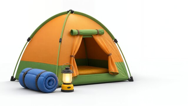 Cute 3D cartoon camping tent and sleeping bag on white