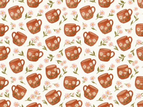 Seamless pattern with cute terracotta ceramic mugs decorated with daisy flowers on a white background