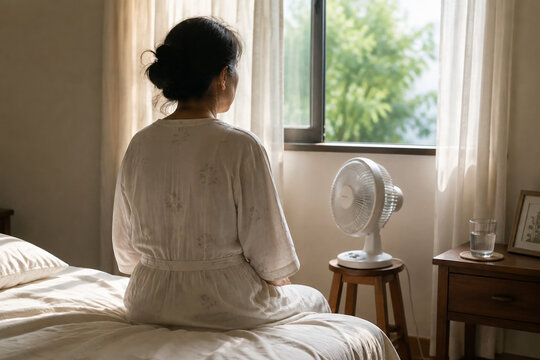 Middle-aged woman in thin cotton robe on edge of bed, electric fan on wooden stool, glass of water, open window with light curtains, morning self-care