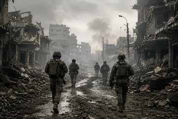 Obraz premium Soldiers Walking Along a Destroyed Urban Street Surrounded by War Damaged Buildings