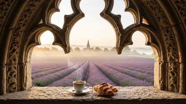 Morning coffee and croissant on a stone windowsill overlooking a foggy lavender field in Provence with a distant church spire, evoking a peaceful rural European travel concept