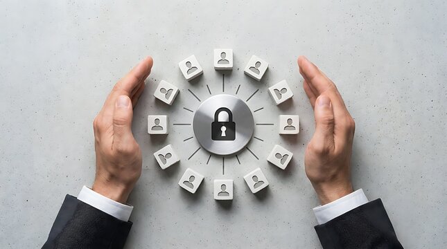 Cybersecurity digital data protection concept with businessman hands shielding padlock icon cybersecurity security protection business technology internet information encryption software