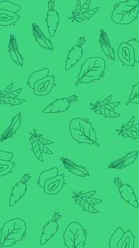 Vertical background of animated vegetable doodle featuring hand drawn organic carrots, avocados, and peas in seamless looping