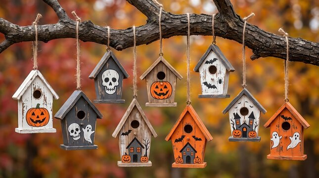 Halloween Birdhouses Hanging on Tree Branch with Pumpkins Skulls and Ghosts Autumn Background