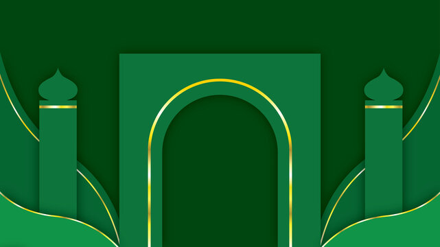 Green and Gold Islamic Mosque Arch Background for Ramadan Eid Design