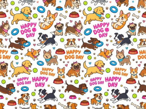 Seamless pattern with cute dogs, bones, and toys, happy dog day theme isolated on white background