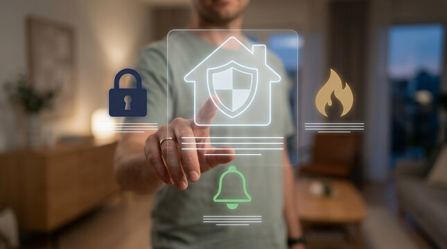 Man using smart home security system interface with icons for protection, fire alarm, and locks in a modern house setting at night.