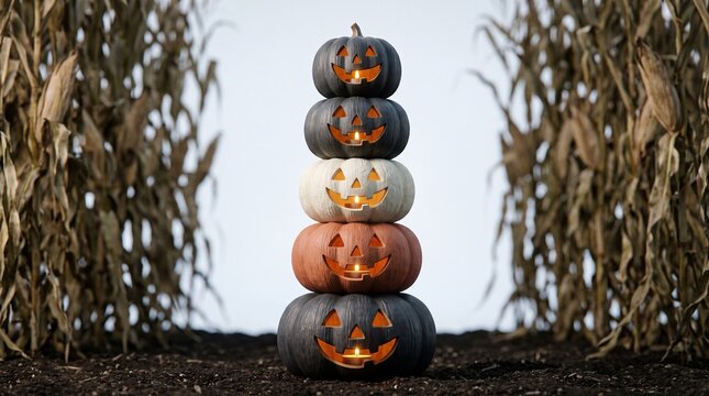 Stacked Halloween Jack O Lantern Pumpkins with Glowing Candles in Cornfield Autumn Background