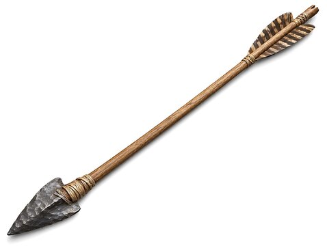 A traditional handmade wooden arrow with a sharp stone arrowhead and striped bird feathers isolated on a clean white background surface