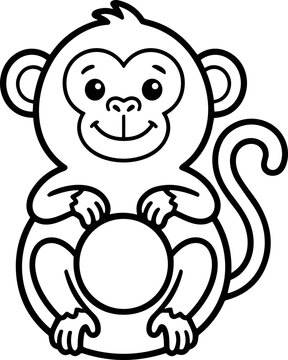 Cute cartoon monkey outline, sitting and smiling, simple vector illustration