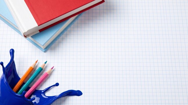 School Supplies Background with Colored Pencils Books and Blue Paint Splash on Grid Graph Paper