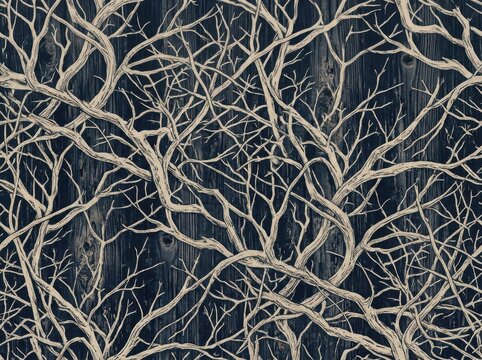 Seamless pattern with intricate bare tree branches on a dark rustic wooden background