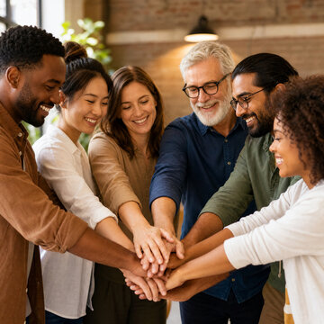 Diverse Hands Together for Teamwork Trust and Unity