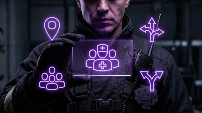High-tech tactical officer monitoring medical team status and location data via advanced neon holographic interface in a dark environment.