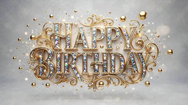 Happy birthday text in ornate gold and jewelencrusted letters