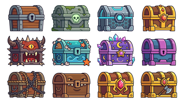 Fantasy treasure chests and loot boxes for game rewards.