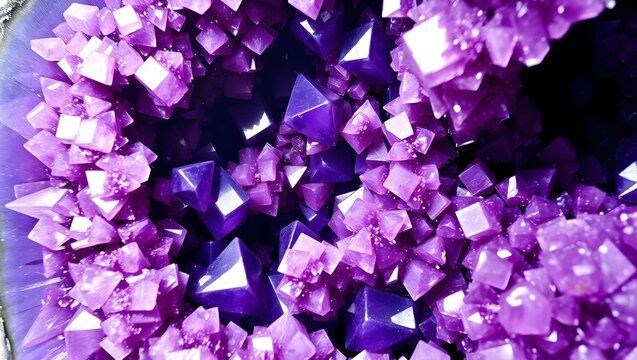 Macro shot of vibrant purple amethyst crystal cluster, natural gemstone mineral background.