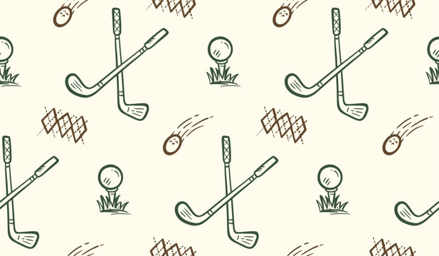 Golf doodle background. Golfer equipments pattern background. Golf club seamless pattern. Sport hand drawn seamless pattern of  ball, golf stick, field, grass.