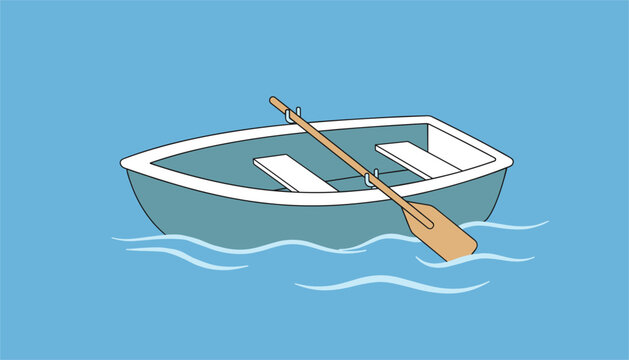 Cartoon illustration of a simple blue rowboat floating on light blue water with a wooden oar resting on the side, flat design style.