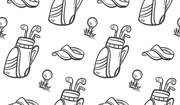 Golf doodle background. Golfer equipments pattern background. Golf club seamless pattern. Sport hand drawn seamless pattern of  ball, bag, stick, hat, grass.
