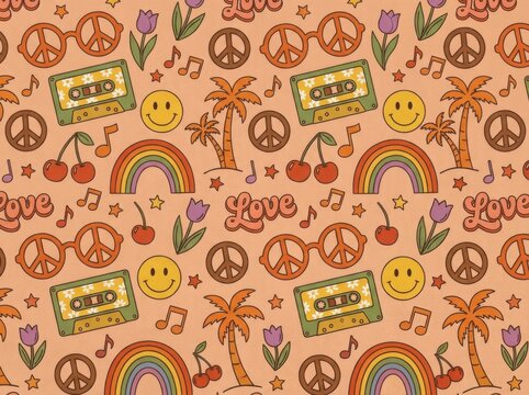 Retro 70s hippie style seamless pattern with peace signs, cassette tapes, rainbows, and smiley faces
