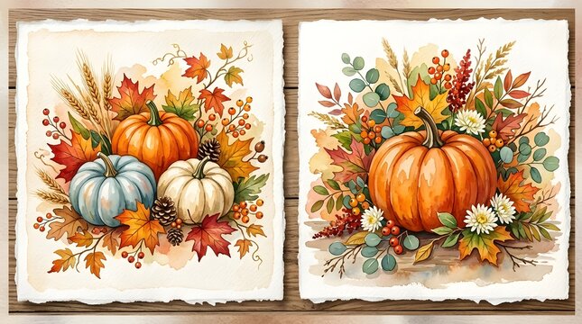 Two watercolor paintings of autumn harvest arrangements with pumpkins, leaves, berries, and wheat