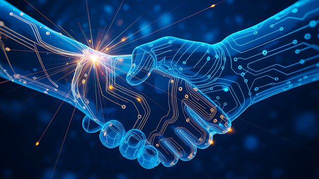 Digital handshake representing artificial intelligence technology and business collaboration