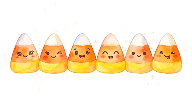 Set of cute watercolor candy corn characters isolated on white background