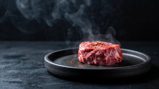Steaming Hot Raw Beef Ribeye Steak on Black Plate