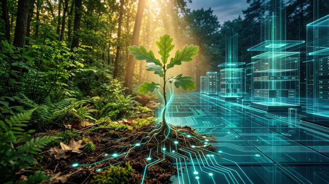 Sustainable cloud computing infrastructure featuring an oak sapling connecting roots to glowing digital networks and futuristic holographic servers