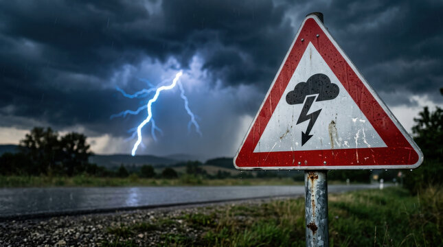 Severe weather warning sign with lightning cloud icon on a wet rural road during a massive thunderstorm representing climate risk and danger