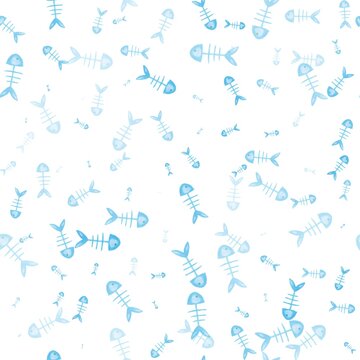 Minimalist seamless blue fishbone skeleton pattern background.