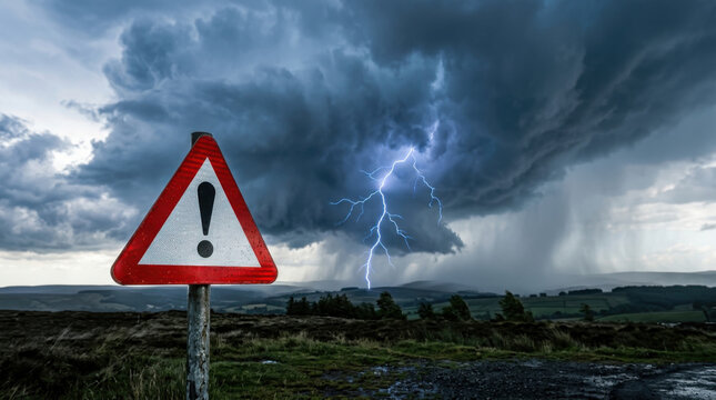 Hazard alert sign on rural country road facing extreme lightning storm representing environmental risk and severe weather warning
