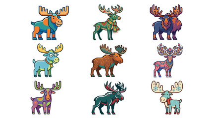Obraz premium Stylized moose and reindeer cartoon characters with folk patterns.