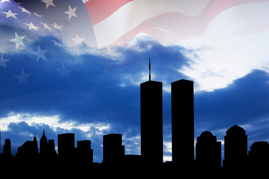 New York skyline silhouette with Twin Towers and USA flag against the cloudy sky. Patriot Day banner. 9.11.2001