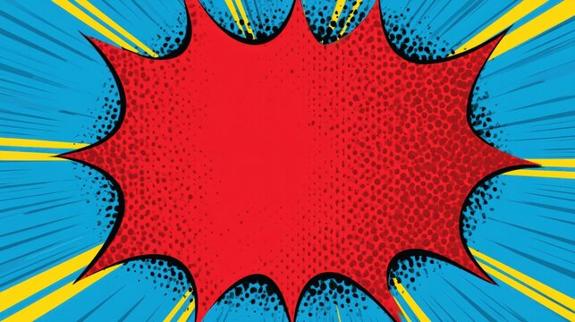 A bright and colorful pop art comic design with bold outlines and halftone patterns. The background has rays extending from the center.
