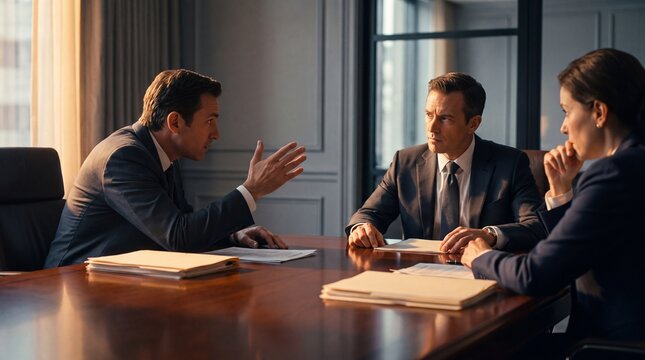 Professionals in a tense meeting discuss confidential legal matters in mahogany room