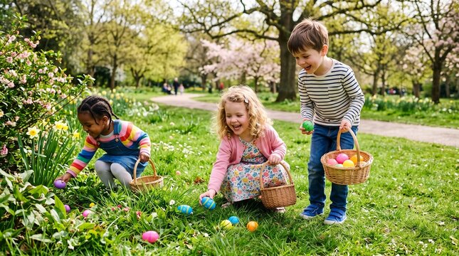 Three happy children enjoying an Easter egg hunt in a sunny park with blooming trees and flowers