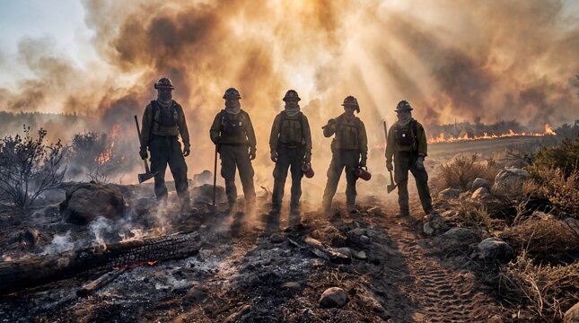 Crew monitors controlled burn at the firebreak in smoky forest