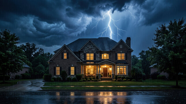 Severe thunderstorm with lightning strike over large suburban residential brick house symbolizing property insurance risk and weather damage