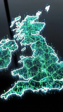 Digital connectivity map of the United Kingdom glowing with data networks and fiber optic communication lines representing modern technology infrastructure
