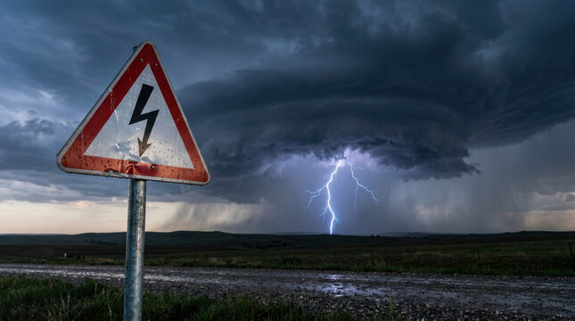 High voltage electrical warning sign on dirt road under severe lightning storm representing power grid vulnerability and energy hazards