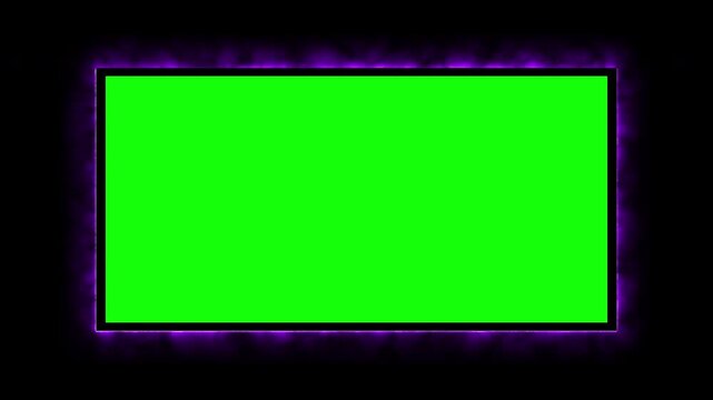 Purple glowing energy frame surrounding a green screen for chroma key compositing, video overlays, transitions, and visual effects. 4K horizontal video