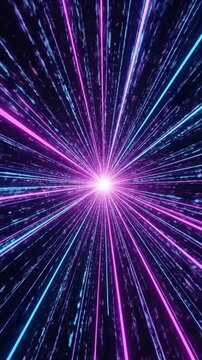 Neon light speed hyperspace tunnel background with glowing blue and pink laser rays in digital matrix space